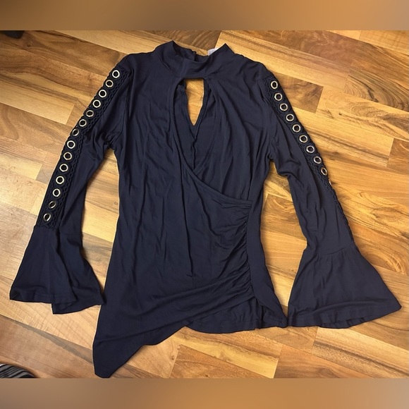 Black Long Sleeve Top with Grommet Details - Picture 2 of 4